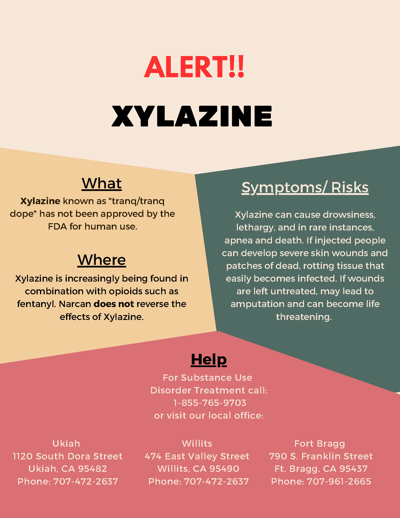 Xylazine is a tranquilizer not approved for human use that has been found n fentanyl and other opiods. If you need help with exposure or usage, contact SUDT