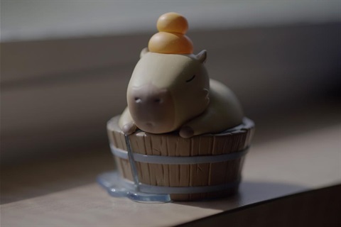 A figurine of a capybara soaking in a wooden bathtub